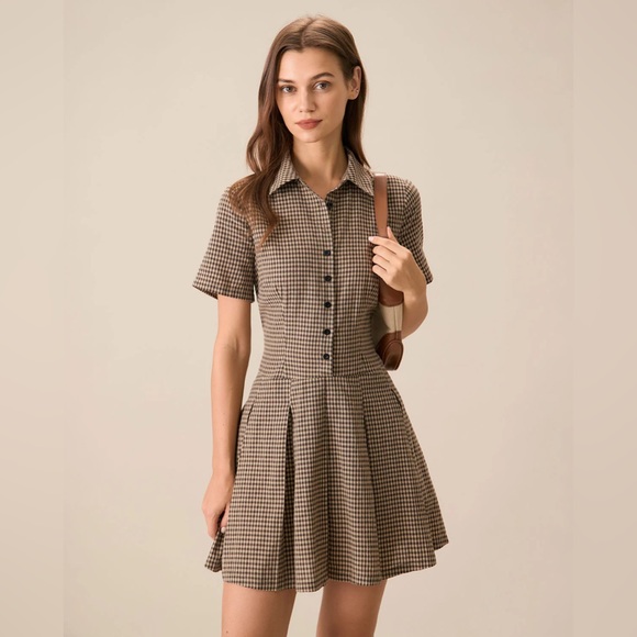 RIHOAS Dresses & Skirts - RIHOAS Brown Plaid Lapel Pleated Mini Dress